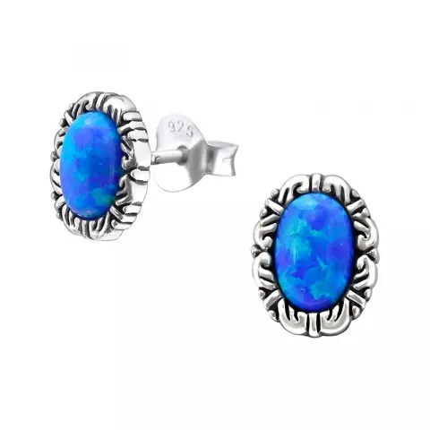 Ovaal blauwe opaal oorbellen in geoxideerd sterlingzilver