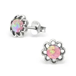 Bloem pink oorbellen in geoxideerd sterlingzilver