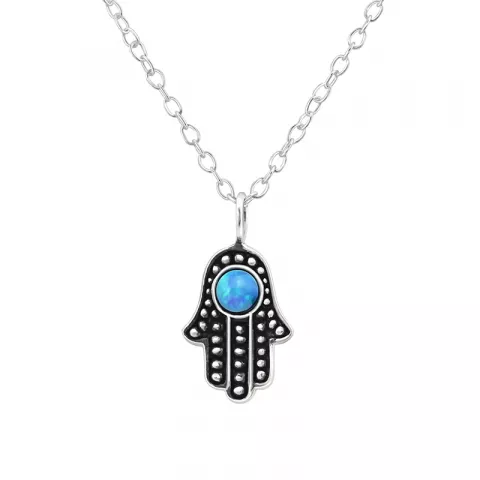 Hamsa hand blauwe opaal hanger met ketting in zilver
