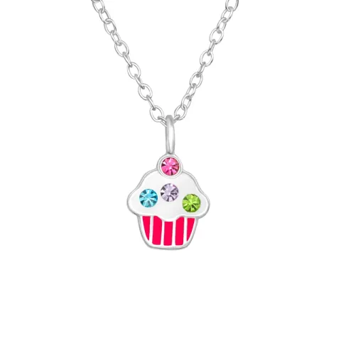 cup cake kristal ketting in zilver met hanger in zilver