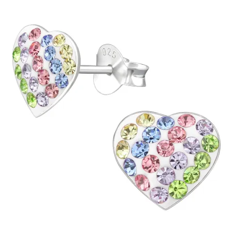 hart witte kristal oorsteker in zilver
