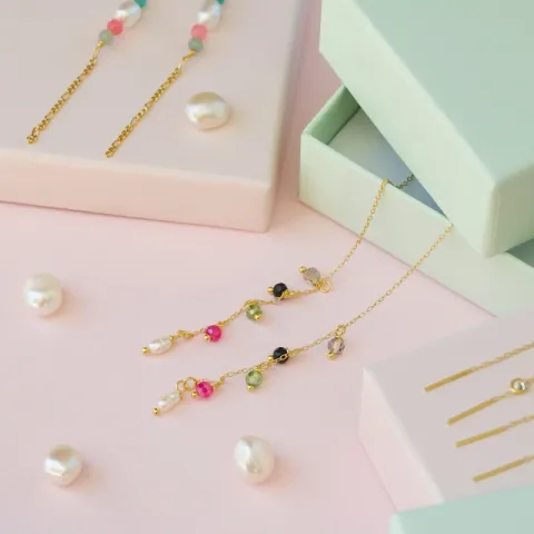 multikleurige steen ketting oorbellen in verguld zilver - Loom Stones