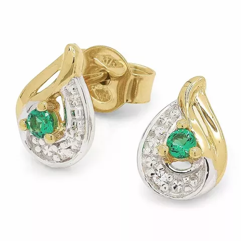Klein druppel gouden oorstekers in 9 karaat goud met rodium met synthetische smaragd en zirkonen