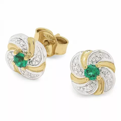 Goedkoop gouden oorstekers in 9 karaat goud met rodium met synthetische smaragd en zirkonen