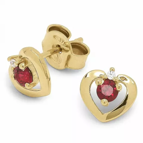 Goedkoop hart oorsteker in 9 karaat goud met syntethische robijnen en zirkonen