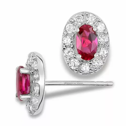 Ovaal oorbellen in 9 karaat witgoud met syntethische robijnen en zirkonen