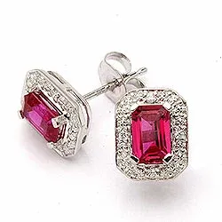 Vierkant oorbellen in 9 karaat witgoud met syntethische robijnen en zirkonen