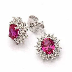 Ovaal oorbellen in 9 karaat witgoud met syntethische robijnen en zirkonen