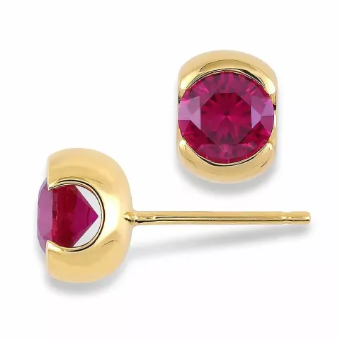Rond oorsteker in 9 karaat goud met syntethische robijnen