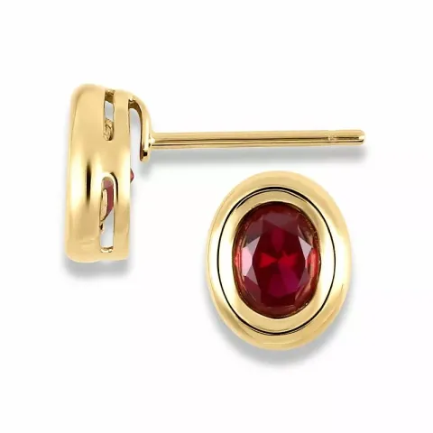 Rond oorsteker in 9 karaat goud met syntethische robijnen