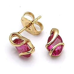 Ovaal oorsteker in 9 karaat goud met syntethische robijnen