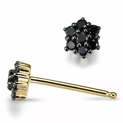bloem zwart oorsteker in 14 karaat goud met zwart diamant 