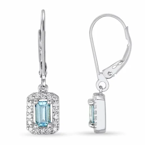 lange vierkant blauwe topaas oorbellen in 14 karaat witgoud met diamant en topaas