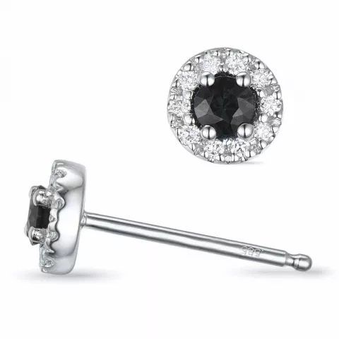 rond zwart diamant oorsteker in 14 karaat witgoud met diamant en zwart diamant 