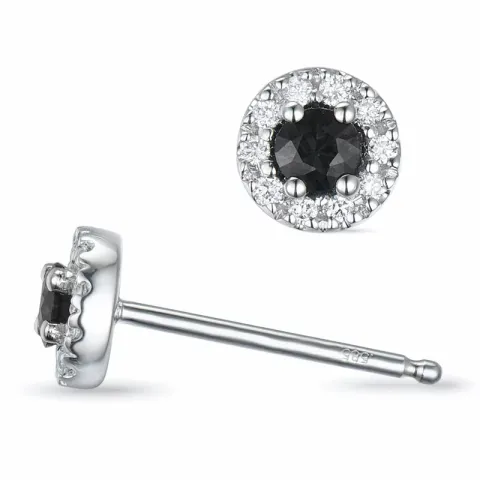 rond zwart diamant oorsteker in 14 karaat witgoud met diamant en zwart diamant