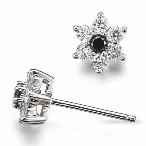 bloem diamant oorsteker in 14 karaat witgoud met diamant en zwart diamant 