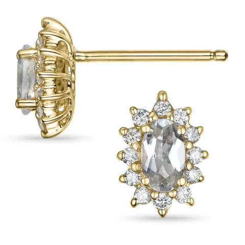 witte kwarts rozetoorbel in 14 karaat goud met diamant en kwarts