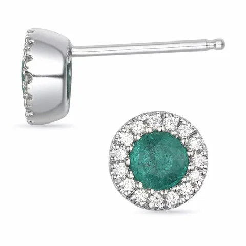 rond smaragd oorsteker in 14 karaat witgoud met diamant en smaragd