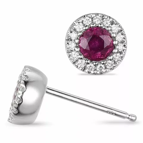 Rond robijn oorsteker in 14 karaat witgoud met diamanten en robijnen 