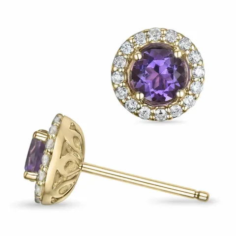 rond amethist oorsteker in 14 karaat goud met diamant en amethist