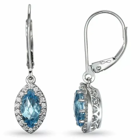 ovaal lange blauwe topaas diamant oorbellen in 14 karaat witgoud met diamant en topaas