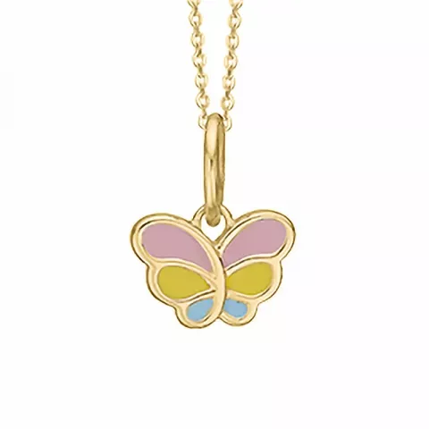 Aagaard vlinder hanger met ketting in verguld sterlingzilver geel emaille pink emaille blauwe emaille
