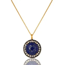 Rond blauwe ketting in verguld sterlingzilver met hanger in geoxideerd sterlingzilver