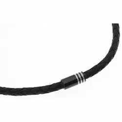 Gevlochten ketting in zwart leer met staal slot  x 4,4 mm