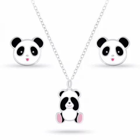 panda set met oorbellen en ketting in zilver witte emaille zwart emaille pink emaille