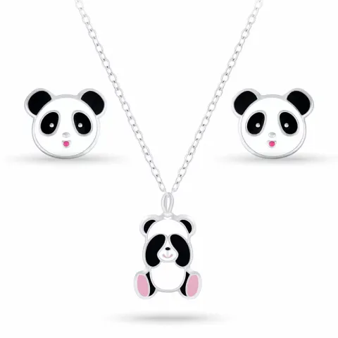 panda set met oorbellen en ketting in zilver witte emaille zwart emaille pink emaille