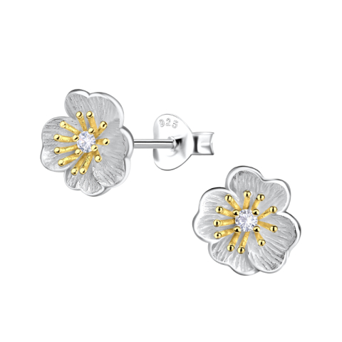 bloem oorbellen in zilver met verguld zilver