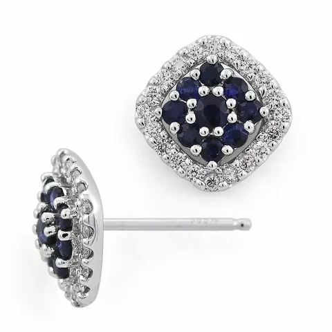 vierkant saffier diamant oorbellen in 14 karaat witgoud met diamant en saffier