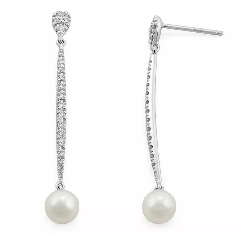 lange parel diamant oorbellen in 14 karaat witgoud met diamant
