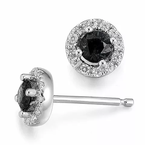 rond zwart diamant briljant oorbellen in 14 karaat witgoud met diamant en zwart diamant