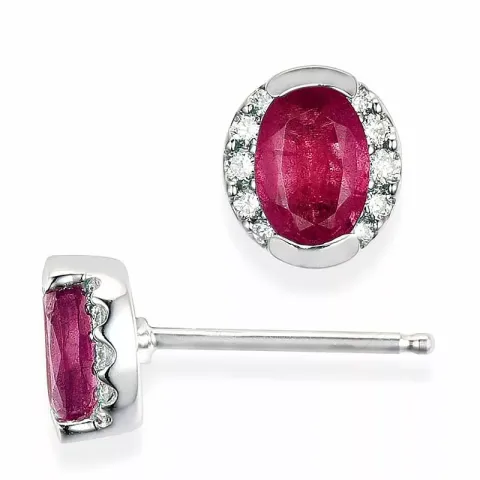 ovaal robijn oorsteker in 14 karaat witgoud met diamant en robijn