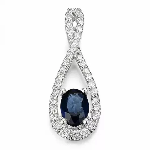 druppelvormig blauwe saffier diamanten hanger in 14 caraat witgoud 0,455 ct