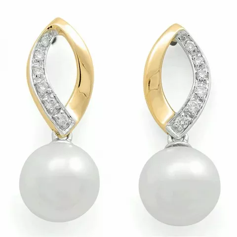 Witte parel diamant oorbellen in 14 karaat goud met rodium met diamanten 