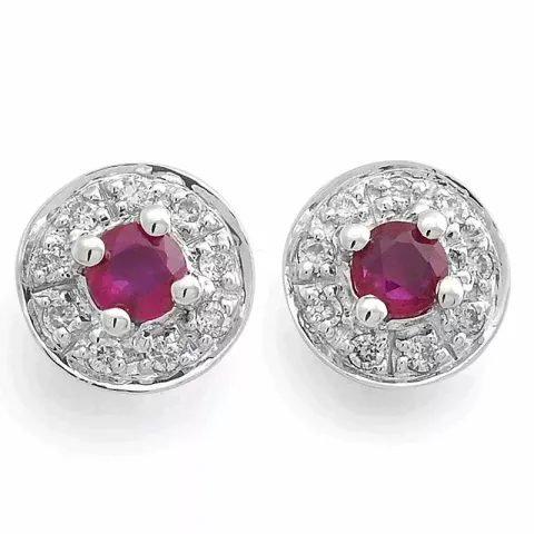 rond briljant oorbellen in 14 karaat witgoud met diamant en robijn