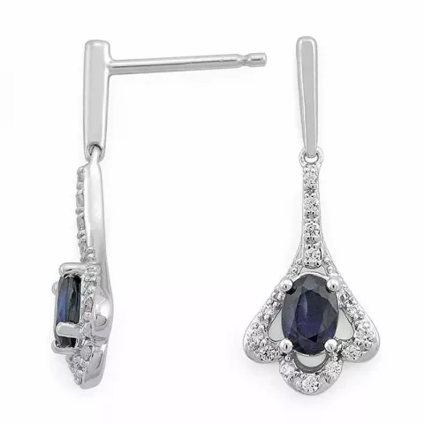 lange blauwe saffier diamant oorbellen in 14 karaat witgoud met diamant en saffier 