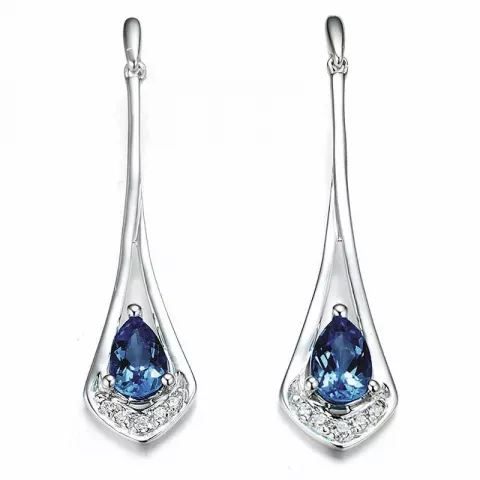 lange blauwe diamant oorbellen in 14 karaat witgoud met diamant en saffier 