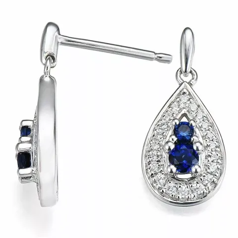 druppel saffier oorsteker in 14 karaat witgoud met diamant en saffier