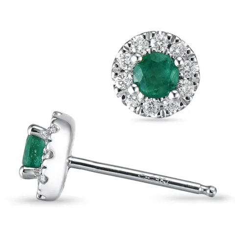 rond groene smaragd oorsteker in 14 karaat witgoud met diamant en smaragd