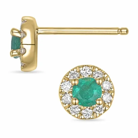 rond groene smaragd oorsteker in 14 karaat goud met diamant en smaragd
