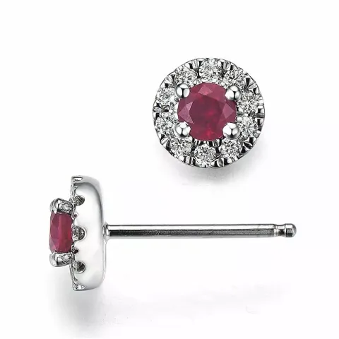 rond rode robijn oorsteker in 14 karaat witgoud met diamant en robijn