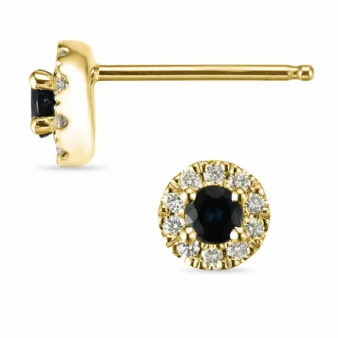 rond blauwe saffier oorsteker in 14 karaat goud met diamant en saffier