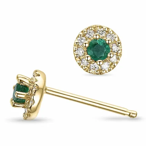 rond groene smaragd oorsteker in 14 karaat goud met diamant en smaragd