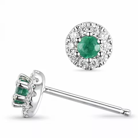 rond groene smaragd oorsteker in 14 karaat witgoud met diamant en smaragd 
