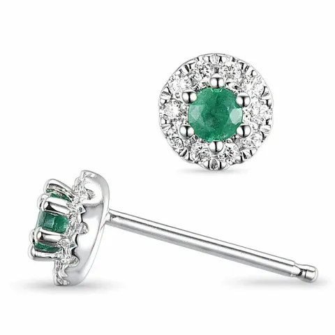 rond groene smaragd oorsteker in 14 karaat witgoud met diamant en smaragd
