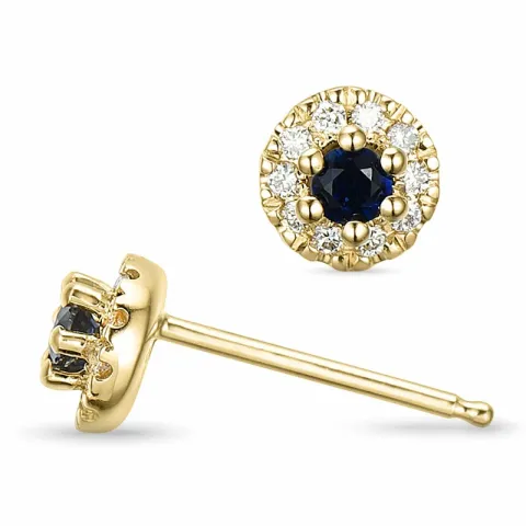 rond blauwe saffier oorsteker in 14 karaat goud met diamant en saffier