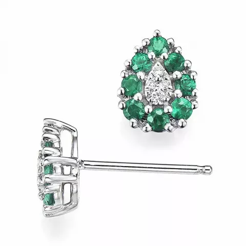 Druppel smaragd diamant oorbellen in 14 karaat witgoud met diamanten en smaragden 
